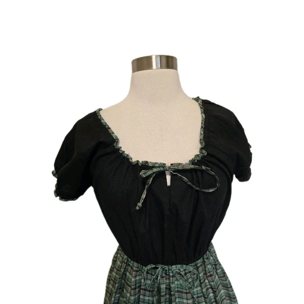 1960s 70s Vintage Womens Dress High Waist Green Plaid Schoolgirl Cinch Tie Bust - Picture 4 of 8